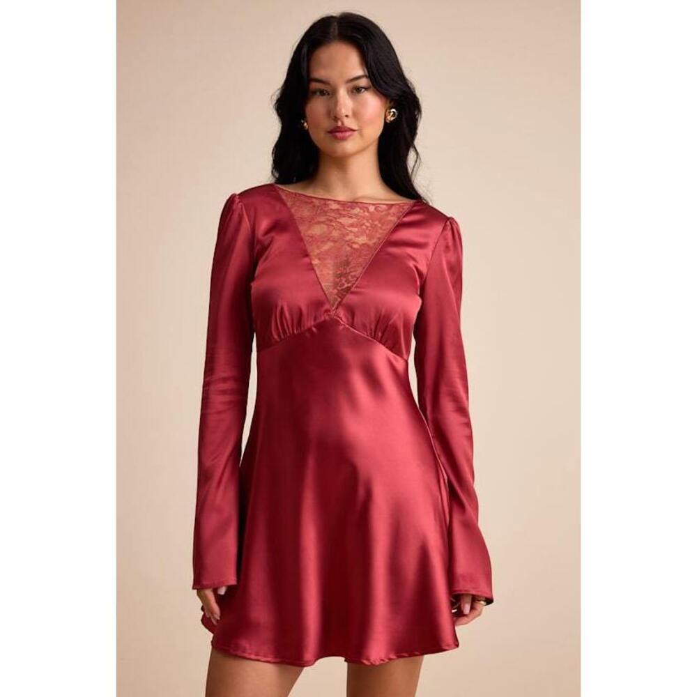 Lulus Emberlyn Rusty Rose Satin Lace Long Sleeve Mini Dress Pink - Size XL